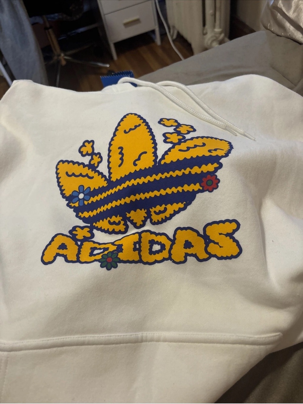 adidas White Hoodie with Yellow & Blue Floral Trefoil Accent